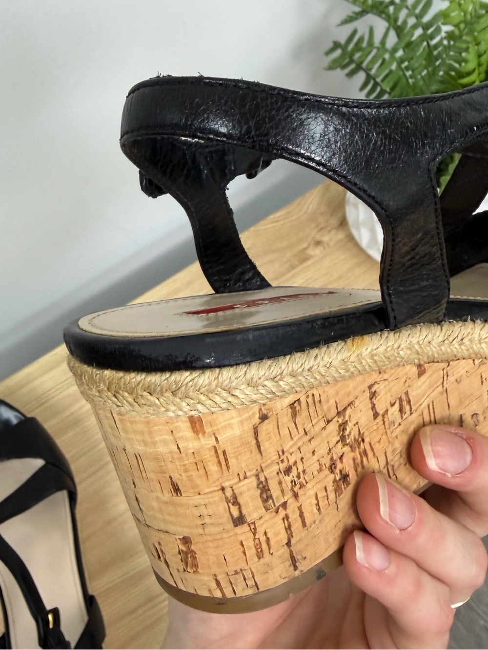 Vintage Prada Black Leather Wedge Sandals with Cork Platform 3XZ144 SZ 39.5 - Picture 9 of 9
